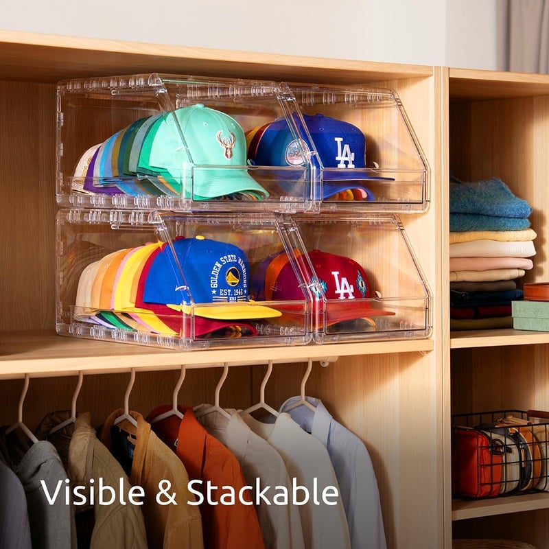 Ozueccr Hat Organizer Box – Stackable Clear Display Box with Sliding Drawer, Holds 15 Baseball Caps, Closet and Shelf Organizer for Hats, Transparent Display with Anti-Slip Feet - Image 2